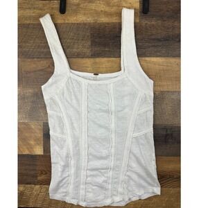 Free People Square Neck Tank Top White Sleeveless Cotton Blend Size L